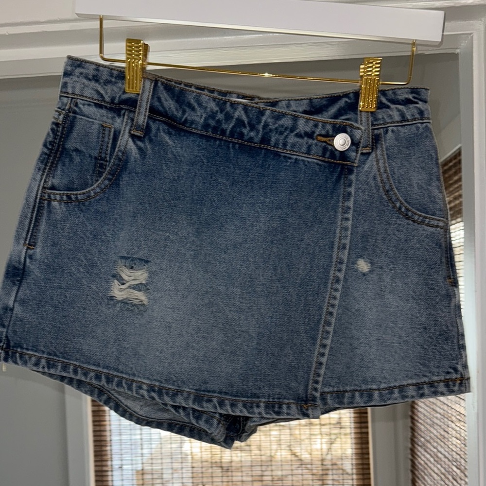 Endless Rose Denim Skort with Distressed Detail